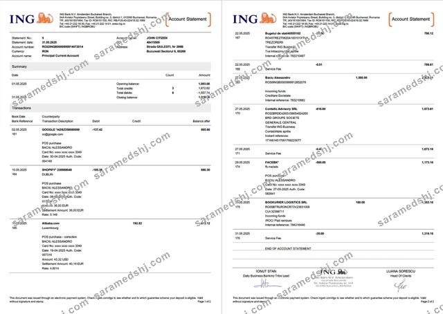 Netherlands ING Bank account statement Word and PDF template, 2 pages